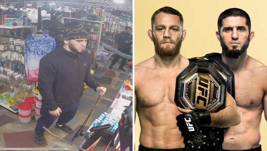 A meme comparing UFC's Islam Makhachev in a store to a promo photo with his belt.