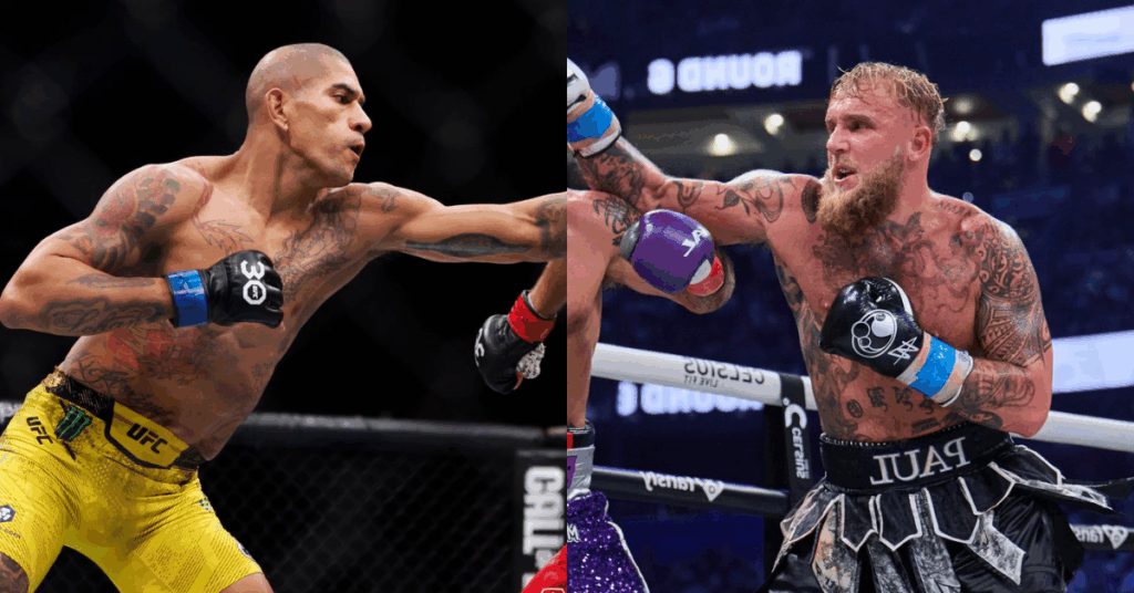 El campeón de UFC Alex Pereira y el boxeador Jake Paul en un fotomontaje de pelea, ambos lanzando un puñetazo.
