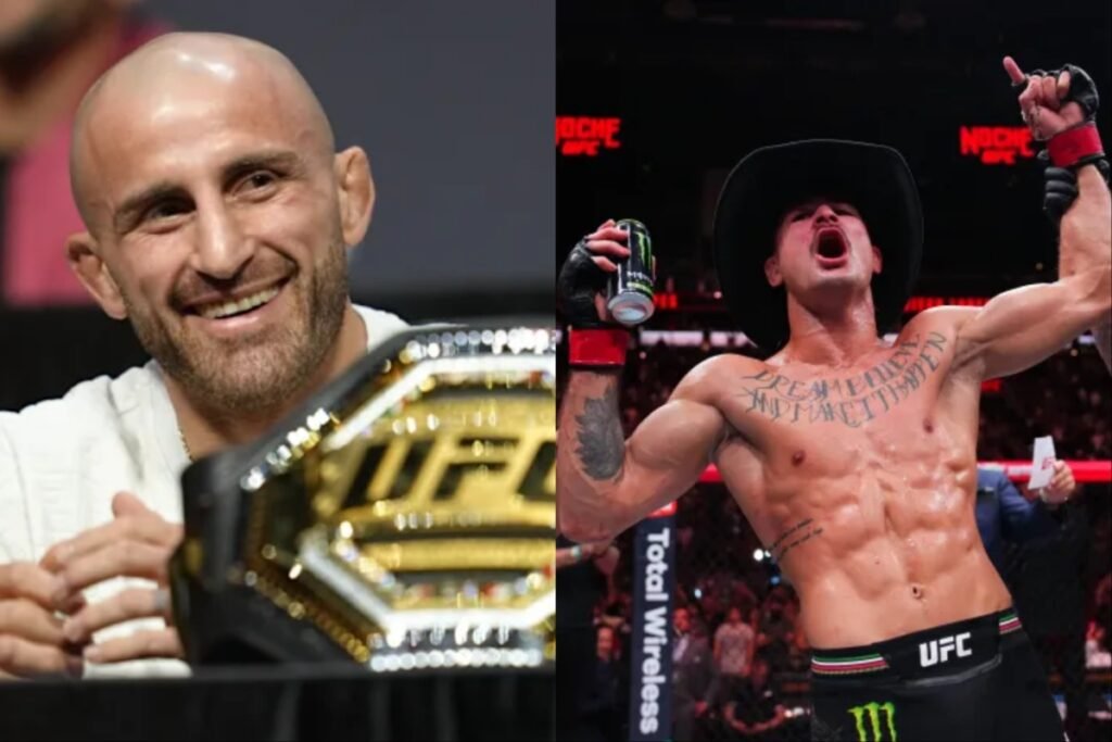 Un montaje de Alexander Volkanovski con su cinturón de UFC y Diego Lopes celebrando con un sombrero de vaquero.