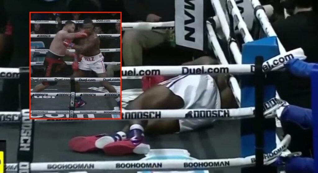 A boxer lies on the canvas after a knockdown, with a corner inset showing the punch from the fight.