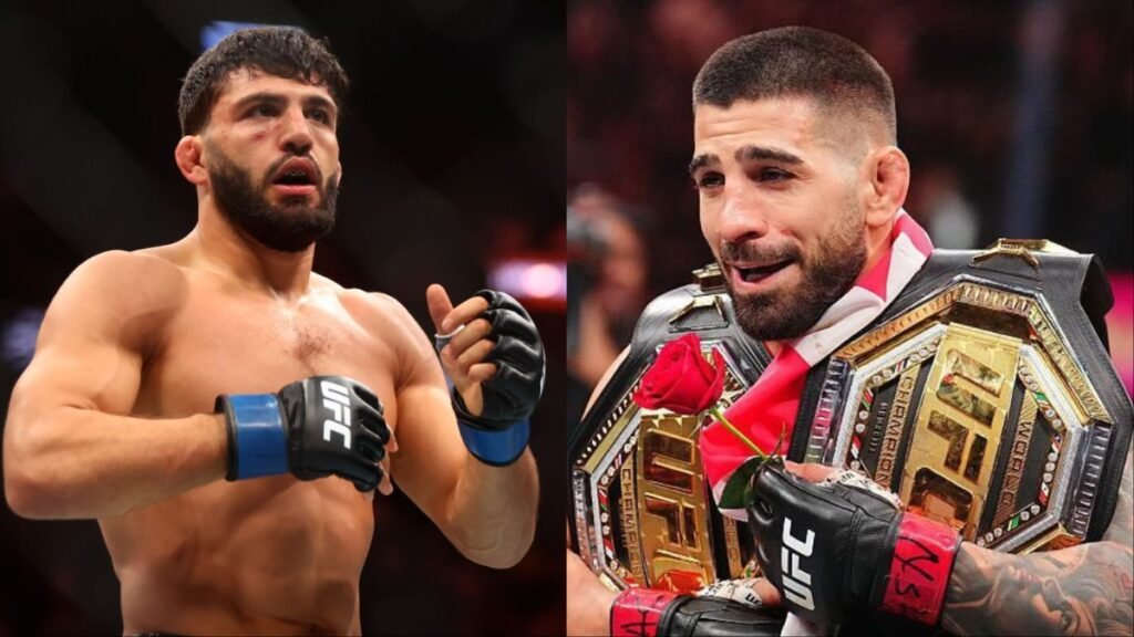 Un montaje de los luchadores de UFC Arman Tsarukyan e Ilia Topuria, quien posa con su cinturón de campeón y una rosa.