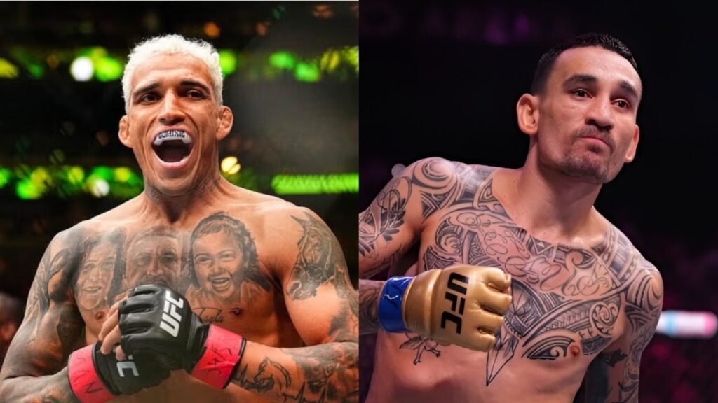 UFC fighters Charles Oliveira celebrating and a focused Max Holloway in a side-by-side promo image.