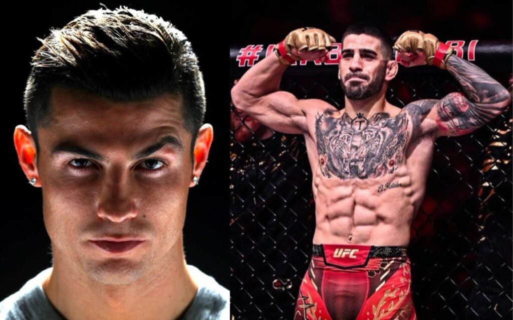 Un montaje de fotos con un primer plano de Cristiano Ronaldo a la izquierda y el luchador de UFC Ilia Topuria a la derecha.