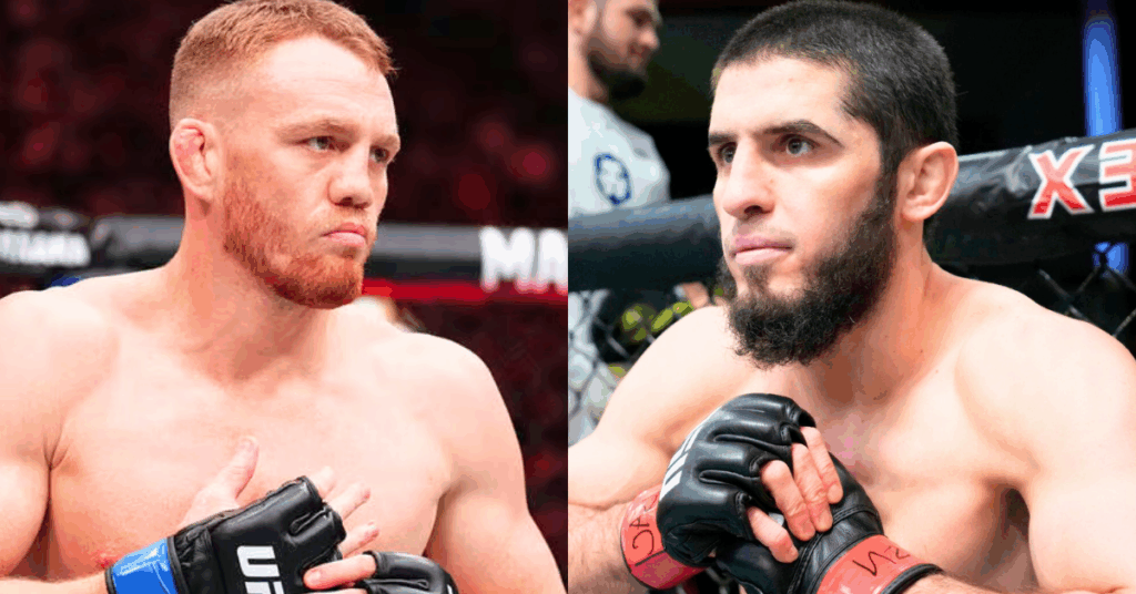 A split-screen promotional image of UFC fighters Jack Della Maddalena and Islam Makhachev.