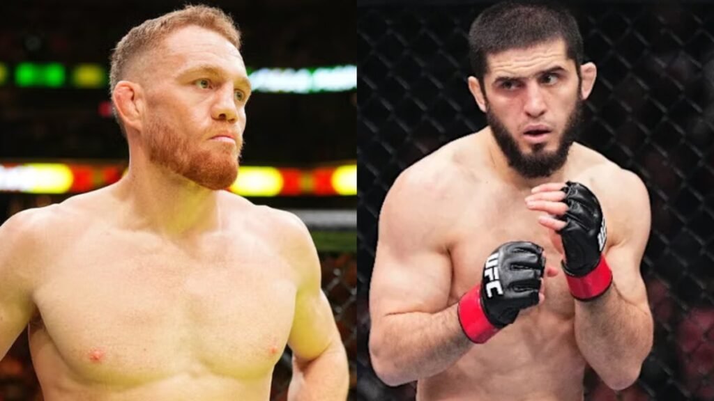 UFC fighters Jack Della Maddalena and Islam Makhachev in a side-by-side promotional image for their bout.