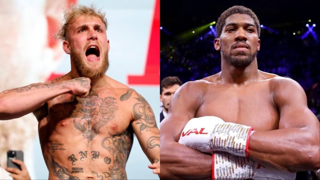 Un montaje fotográfico de los boxeadores Jake Paul, gritando, y Anthony Joshua, con gesto serio y los puños vendados.