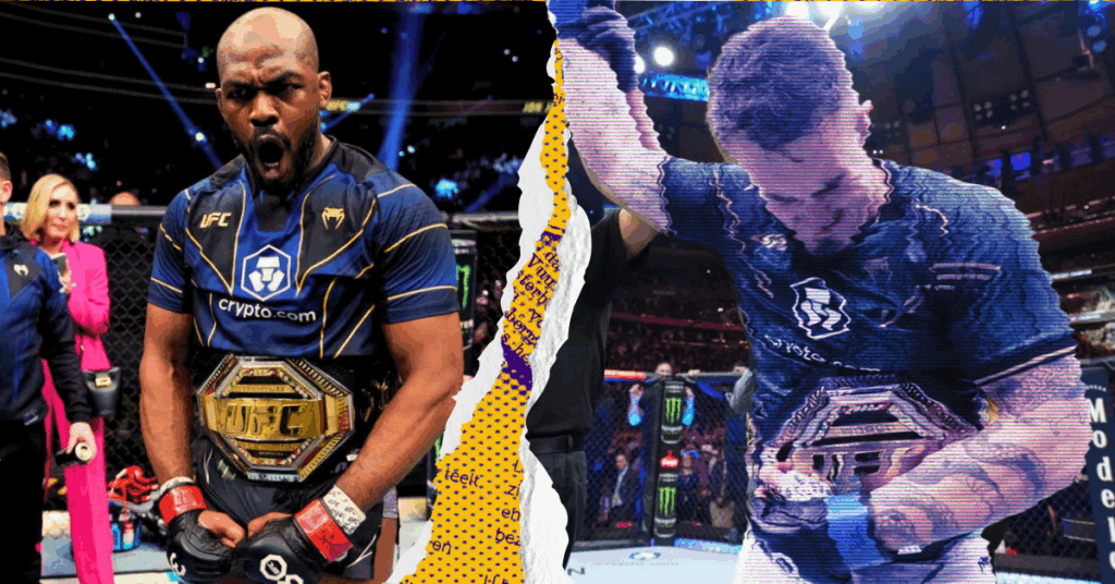 UFC champions Jon Jones and Tom Aspinall in a stylized, split-screen graphic separated by a torn paper effect.