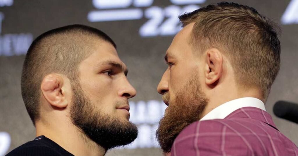 Khabib Nurmagomedov and Conor McGregor in an intense, close-up staredown before their UFC fight.