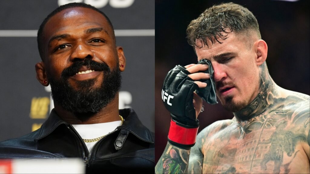 A split photo of UFC heavyweight Jon Jones smiling and a tattooed Tom Aspinall wiping his face with a towel.