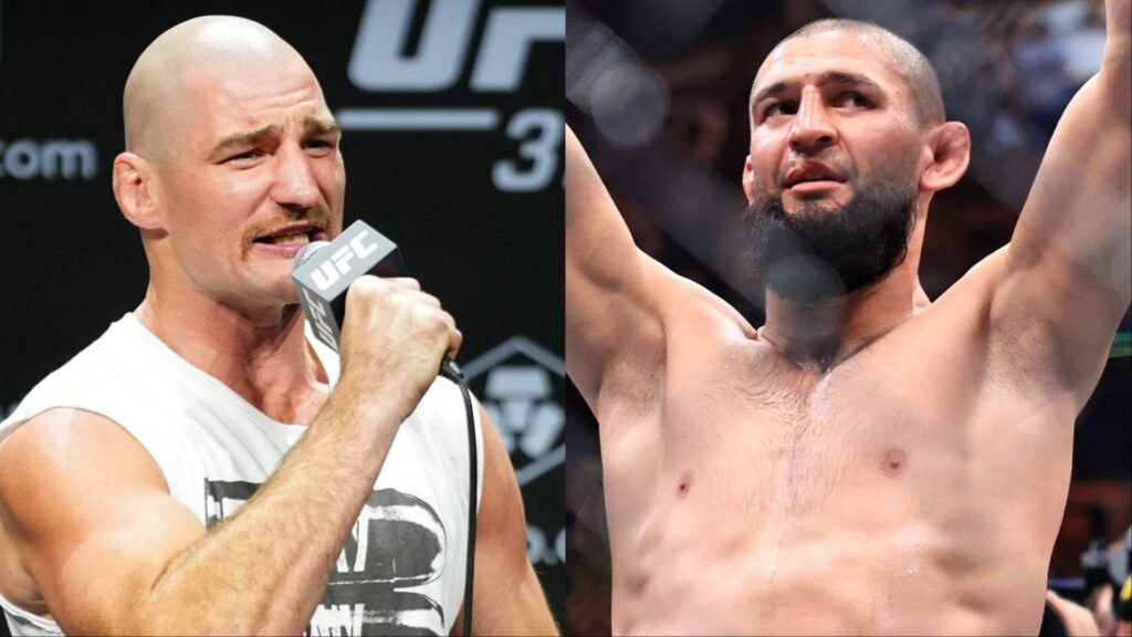 A split image of UFC fighters Sean Strickland speaking into a mic and Khamzat Chimaev celebrating.