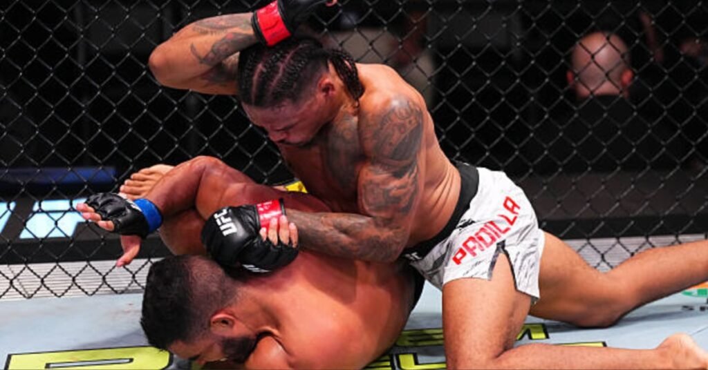 UFC fighter Fernando Padilla delivers ground-and-pound strikes to his opponent from top position inside the octagon.