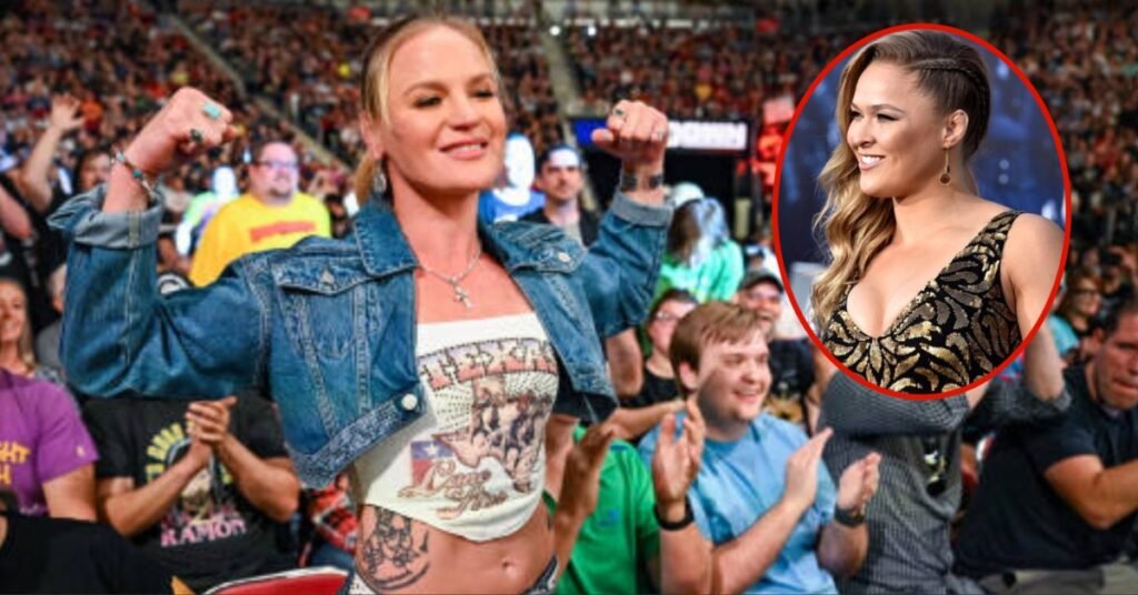 Valentina Shevchenko flexionando en una multitud, con una imagen insertada de Ronda Rousey sonriendo.
