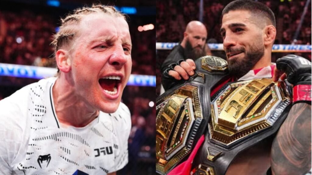 A split image of UFC fighter Paddy Pimblett shouting and a smiling Ilia Topuria holding his UFC championship belt.