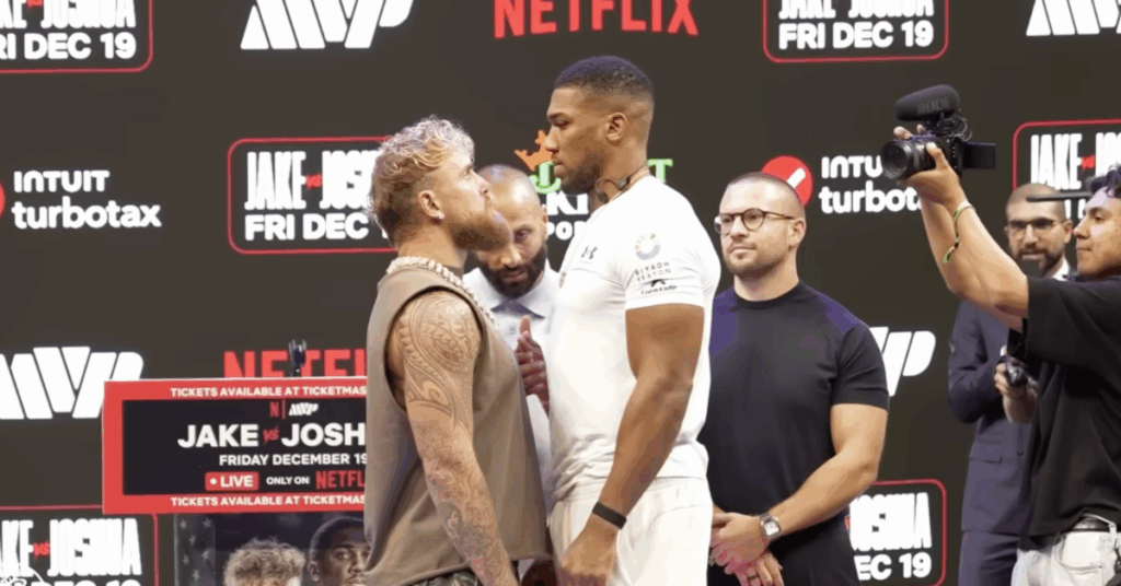 Jake Paul y Anthony Joshua en un intenso cara a cara antes de su pelea de boxeo en Netflix.