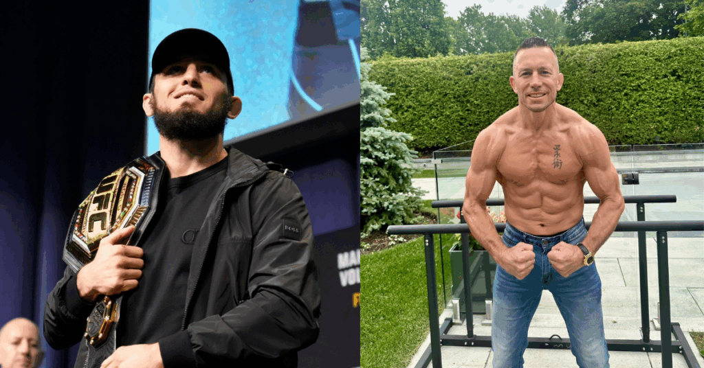 Los campeones de UFC Islam Makhachev con su cinturón y un musculoso Georges St-Pierre posando.