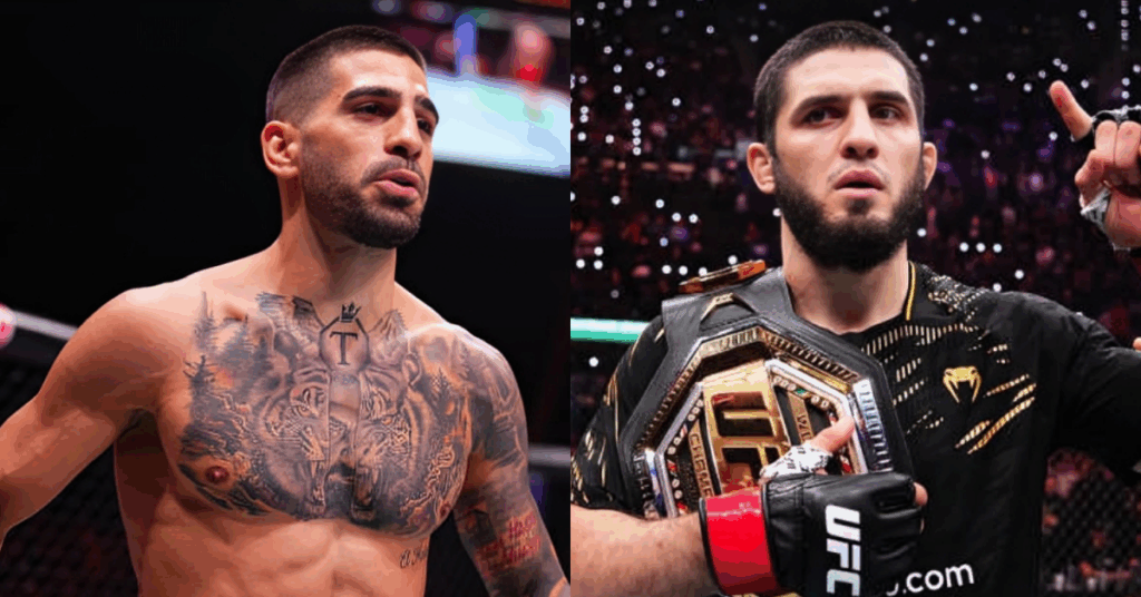 A side-by-side of UFC fighters Ilia Topuria and a celebrating champion Islam Makhachev with his belt.