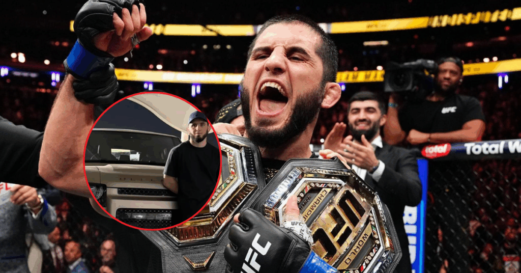 Islam Makhachev celebrando con su cinturón de UFC y su nuevo Land Rover Defender, un regalo por su victoria.