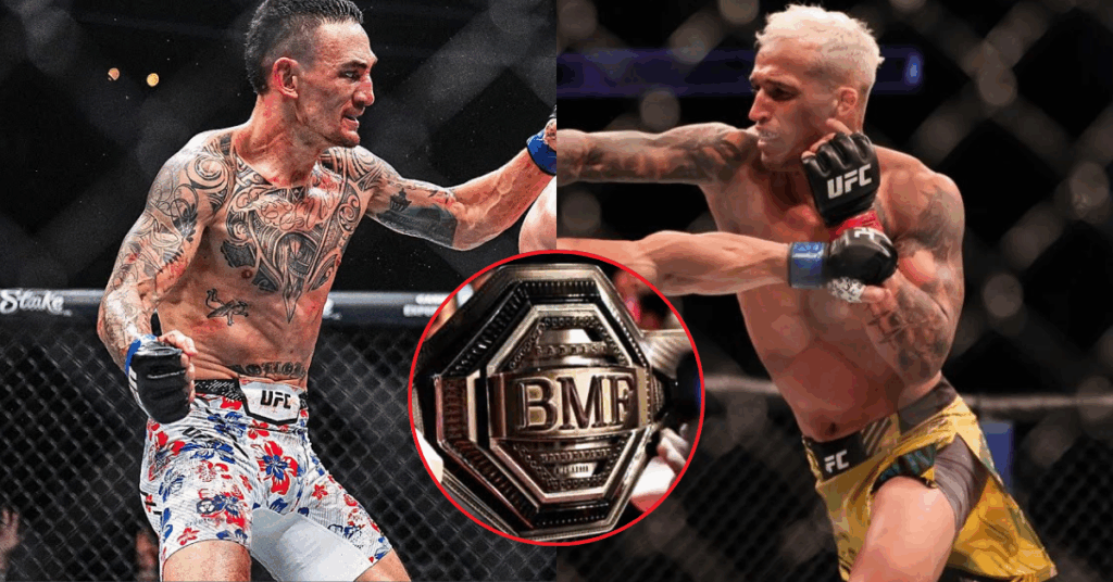 Montaje de pelea de UFC: Max Holloway contra Charles Oliveira por el cinturón BMF en el centro.