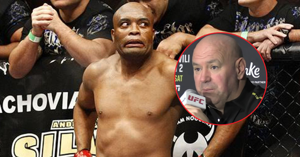 Anderson Silva, con expresión de asombro en una jaula de MMA. En un recuadro, Dana White de la UFC, serio, hablando al micrófono.
