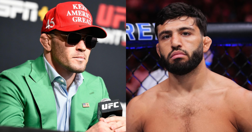 Colby Covington (gorra roja, traje verde) y Arman Tsarukyan (barba), luchadores de UFC, en un montaje de previa y acción de MMA.
