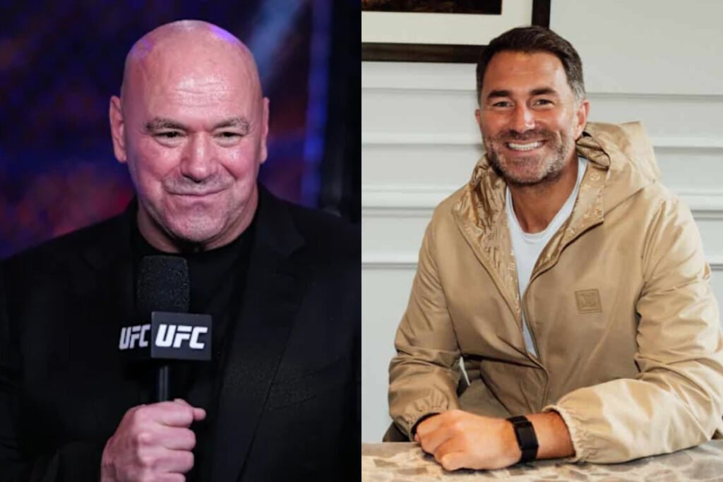 Dana White (UFC) de traje con micrófono y Eddie Hearn (boxeo) en chaqueta, ambos promotores sonriendo.