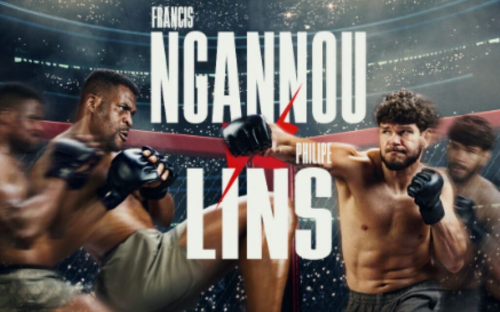 Póster de MMA. Francis Ngannou y Philipe Lins combaten en un octágono, con sus nombres sobreimpresos y un rayo rojo.