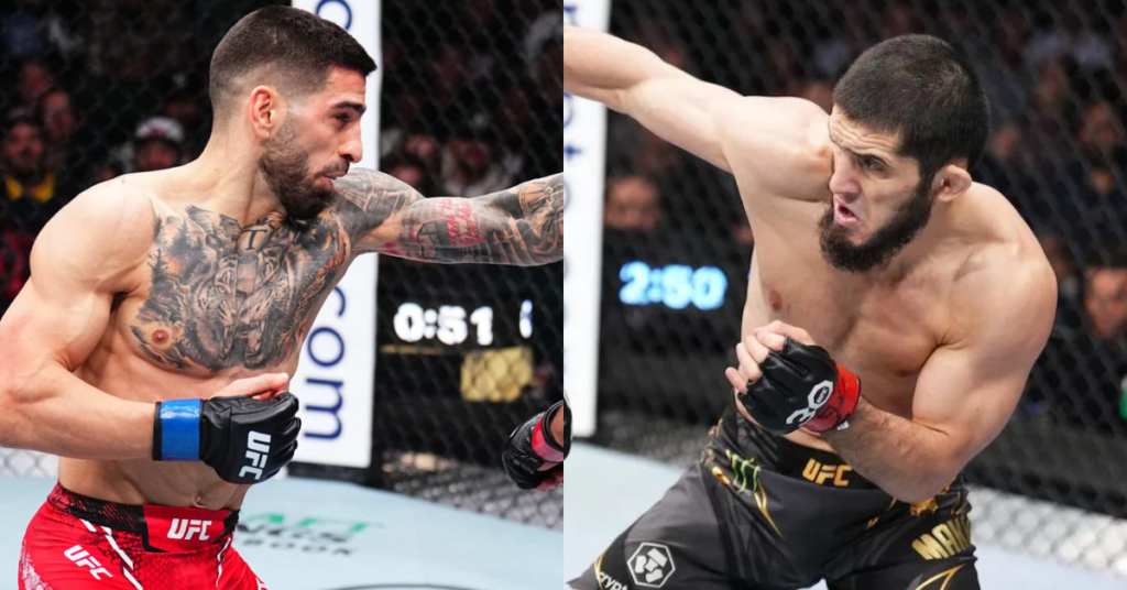 Ilia Topuria tatuado y Islam Makhachev, luchadores de UFC, en posiciones de combate. Anticipación de un gran enfrentamiento.