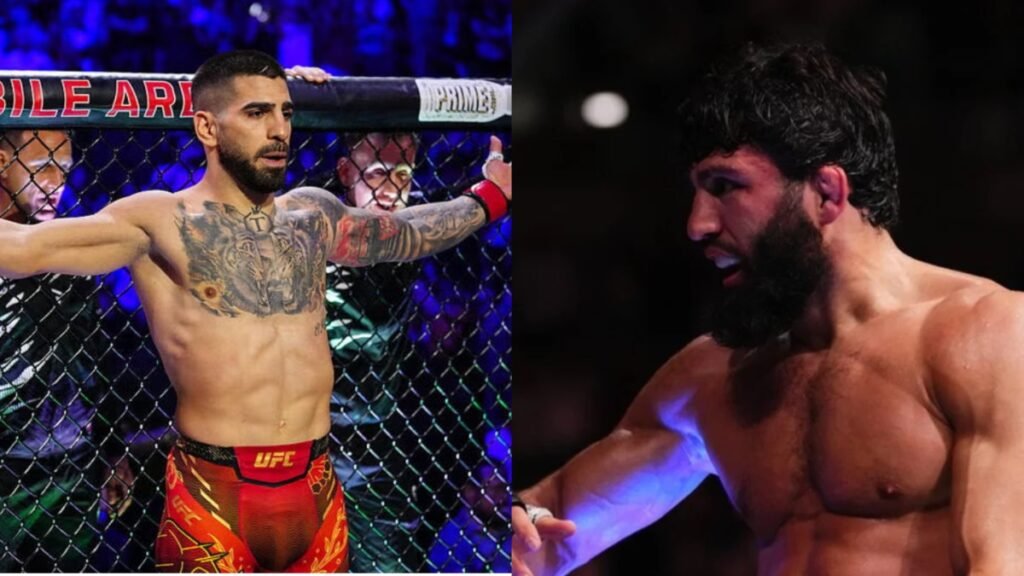 Ilia Topuria con tatuajes en jaula UFC y Arman Tsarukyan. Atletas musculosos de MMA listos para la acción.