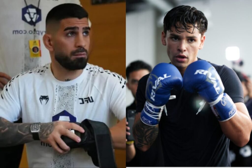 Ilia Topuria de UFC con camiseta blanca y Ryan Garcia boxeando con guantes azules Rival. Dos luchadores de élite.