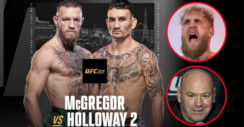 Póster UFC 329 McGregor vs Holloway 2. A la derecha, Jake Paul furioso y Dana White sonriente. Gráfico de noticia MMA.