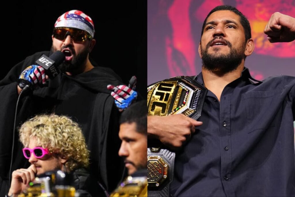 Alex Pereira, campeón UFC, levanta su cinturón junto a Josh Hokit con micrófono, bandana y gafas de sol.