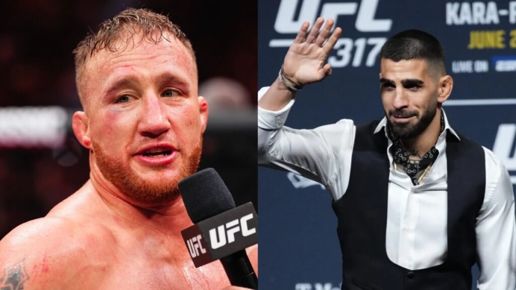 Justin Gaethje, rostro marcado post-combate, junto a Ilia Topuria, elegante, saludando en evento UFC. Estrellas de MMA.