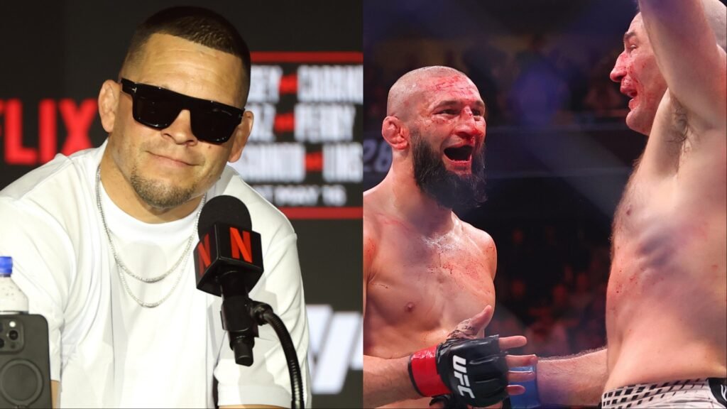 Nate Diaz sonríe en rueda de prensa. A su derecha, Chimaev y luchador de UFC ensangrentados y victoriosos tras su pelea.