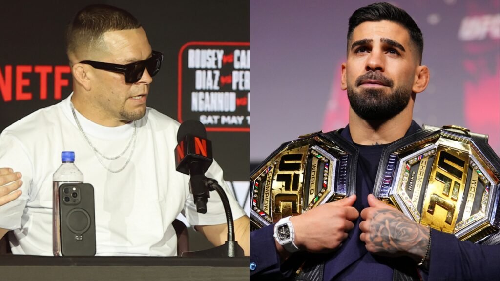 Luchador con gafas de sol en rueda de prensa Netflix y campeón de MMA con dos cinturones dorados.