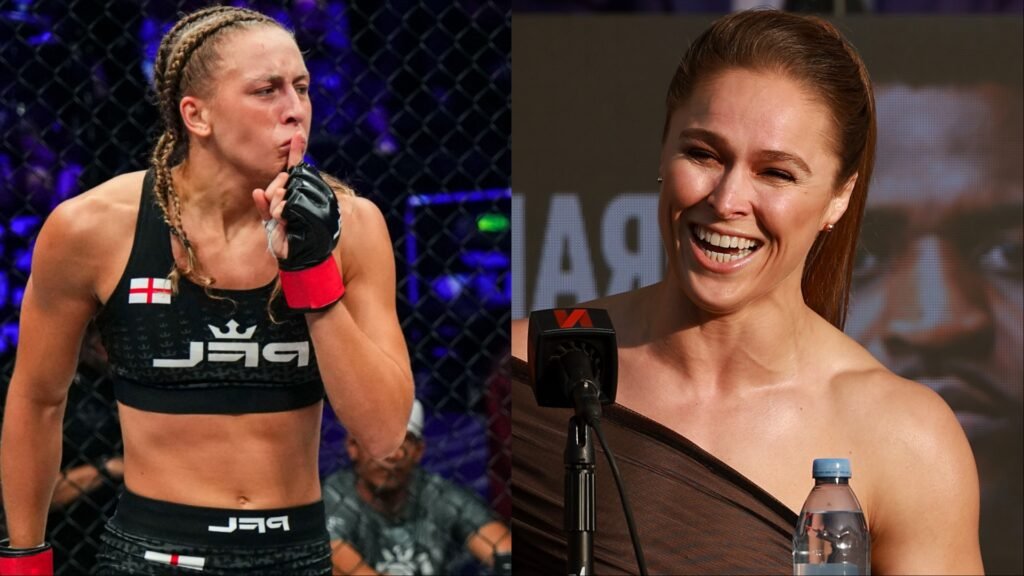 Luchadora de MMA con bandera de Inglaterra en la jaula haciendo un gesto de silencio; a la derecha, Ronda Rousey sonriendo ante un micrófono.