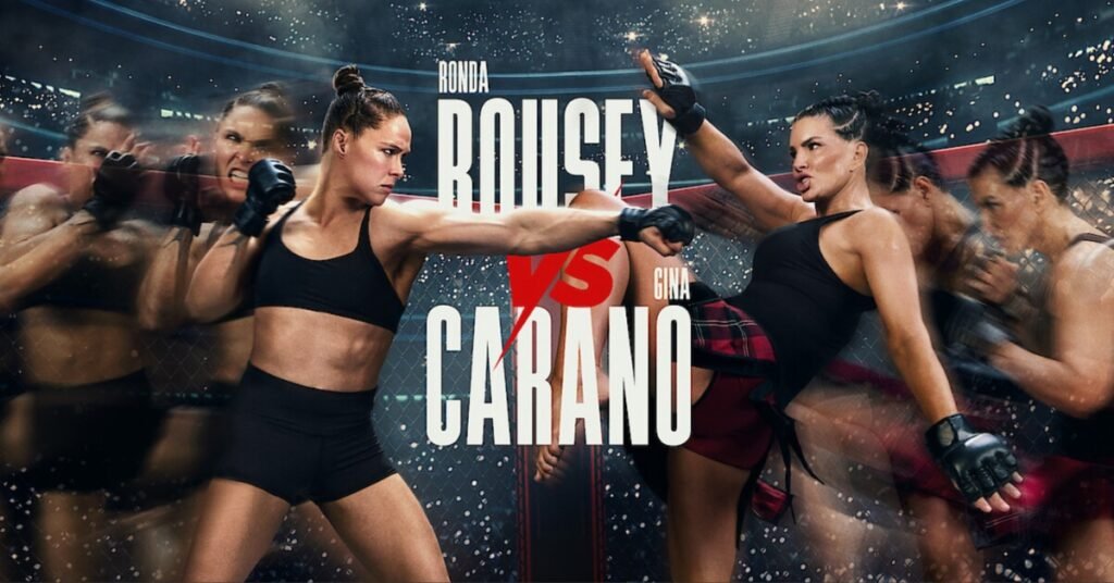 Ronda Rousey vs Gina Carano: combate MMA dinámico. Ambas luchadoras en plena acción dentro de la jaula.