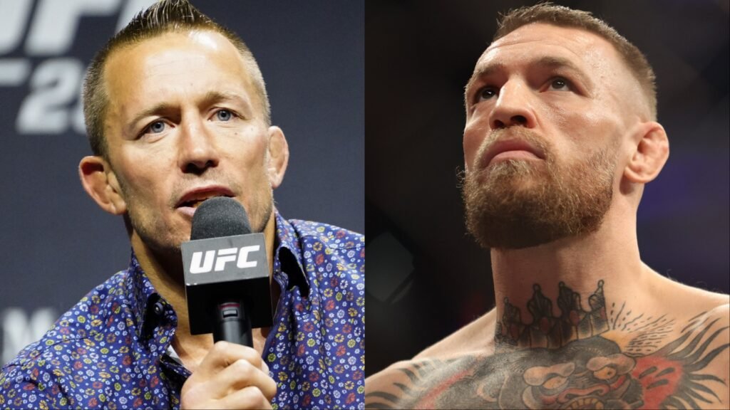 Georges St-Pierre con micrófono UFC y Conor McGregor mostrando tatuajes de cuello y pecho. Dos leyendas de las MMA.