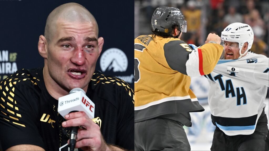 Luchador de MMA con el rostro herido en conferencia UFC, y dos jugadores de hockey de Utah peleando en el hielo.