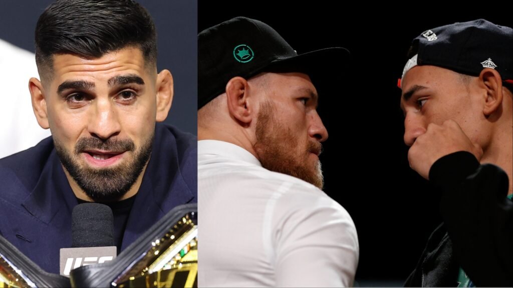 Luchador de MMA en rueda de prensa con cinturón UFC. Dos peleadores con gorras se enfrentan en un intenso cara a cara previo al combate.