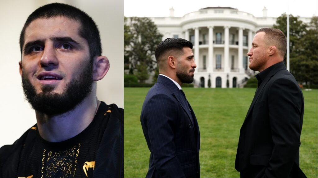 Islam Makhachev; Yair Rodríguez y Justin Gaethje se miran frente a la Casa Blanca. Luchadores UFC.