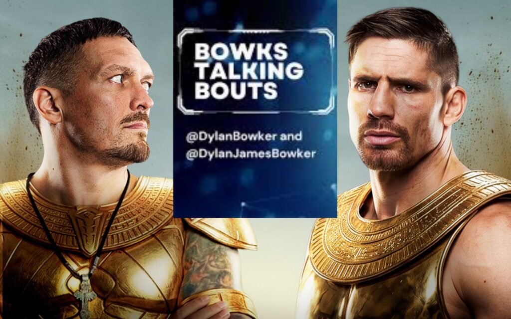 Oleksandr Usyk y Daniel Dubois con armaduras doradas de guerreros. Flanquean el logo del podcast "BOWKS TALKING BOUTS".