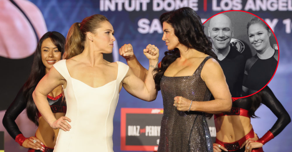 Ronda Rousey y Gina Carano en pose de enfrentamiento, exhibiendo bíceps en un escenario. Recuadro con Dana White.