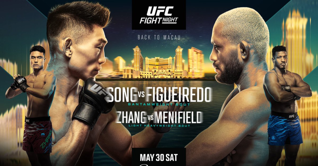 Póster UFC Fight Night Macao. Song vs Figueiredo y Zhang vs Menifield. Luchadores de MMA ante el skyline de Macao. Evento 30 mayo.