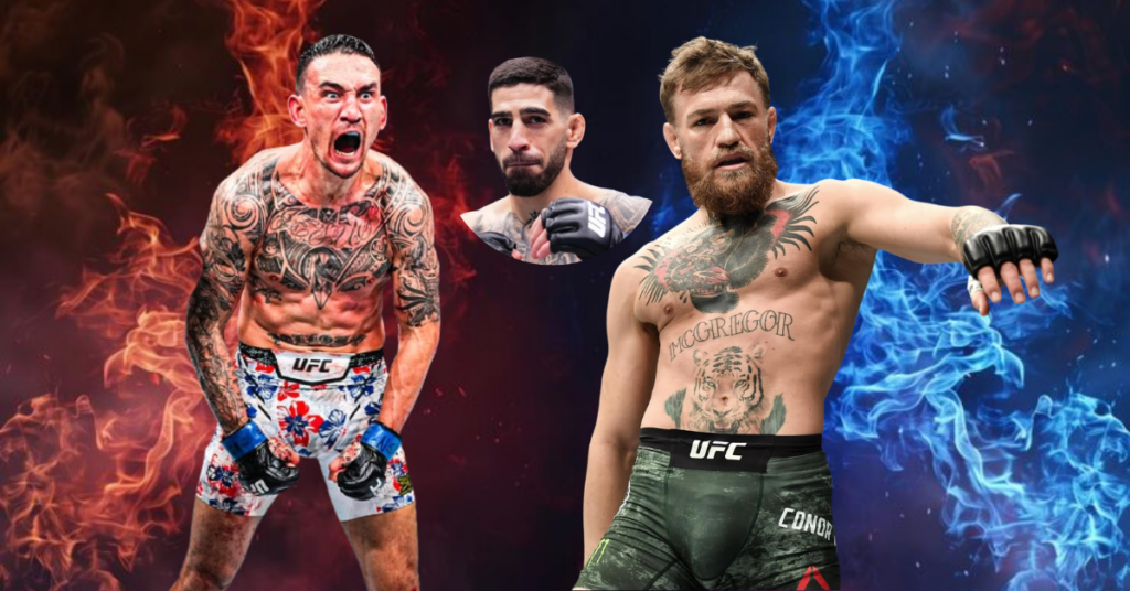 Intenso collage de Max Holloway (llamas rojas), Ilia Topuria y Conor McGregor (llamas azules). Estrellas UFC.