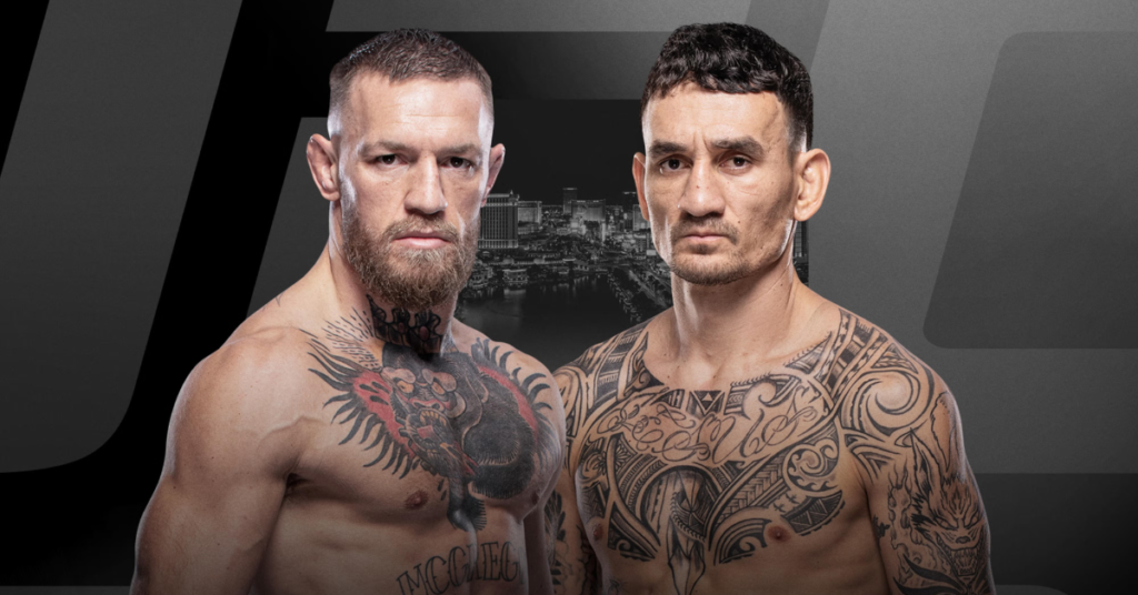 Conor McGregor barbudo y Max Holloway, estrellas de UFC, cara a cara. Ambos tatuados, con fondo de Las Vegas y logo UFC.