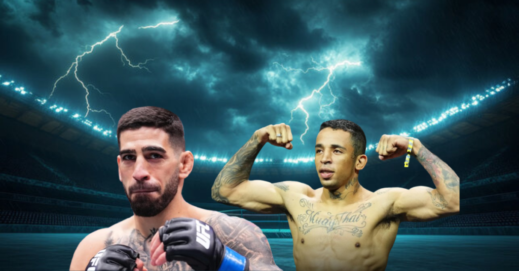 Dos luchadores de MMA, uno con guantes UFC y otro flexionando, bajo un cielo tormentoso con rayos en un estadio.
