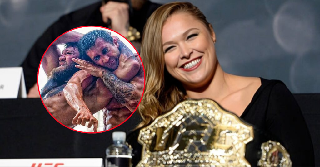 Ronda Rousey sonríe con su cinturón de campeona UFC. Inset: dos luchadores de MMA forcejean intensamente en combate.