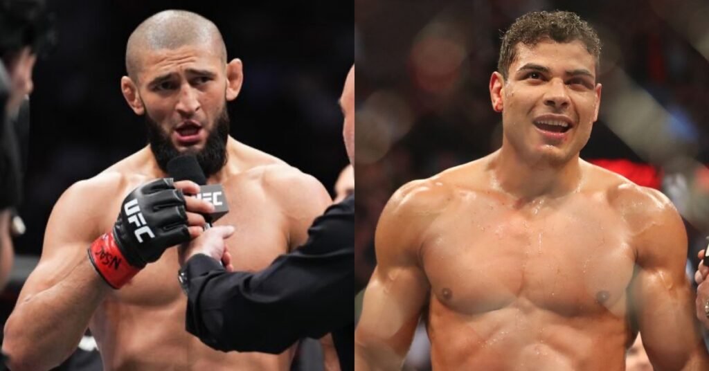 Khamzat Chimaev, barbudo y con guante UFC, habla; Paulo Costa, musculoso y sonriente, en evento de MMA.