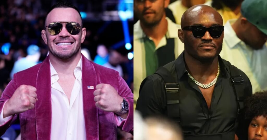 Colby Covington sonriente con gafas de sol y chaqueta rosa; Kamaru Usman, serio, con gafas de sol y cadena.