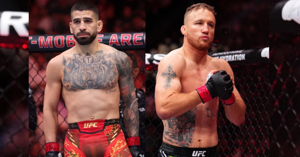 Ilia Topuria y Justin Gaethje, luchadores de UFC, frente a frente en el octágono. Guantes de combate, tatuajes. Preparados.